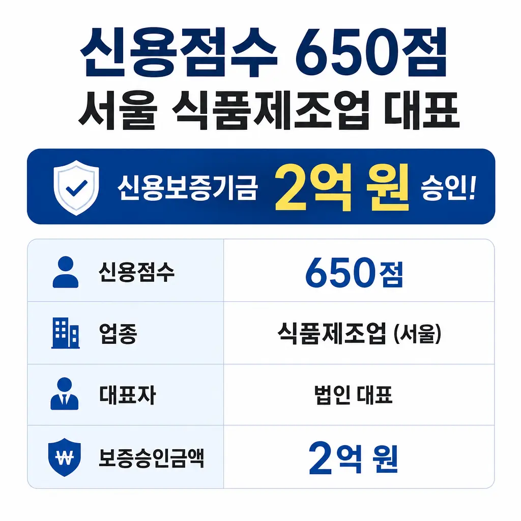 신용점수 650점 서울 식품제조업 대표, 신용보증기금 2억 원 승인 사례