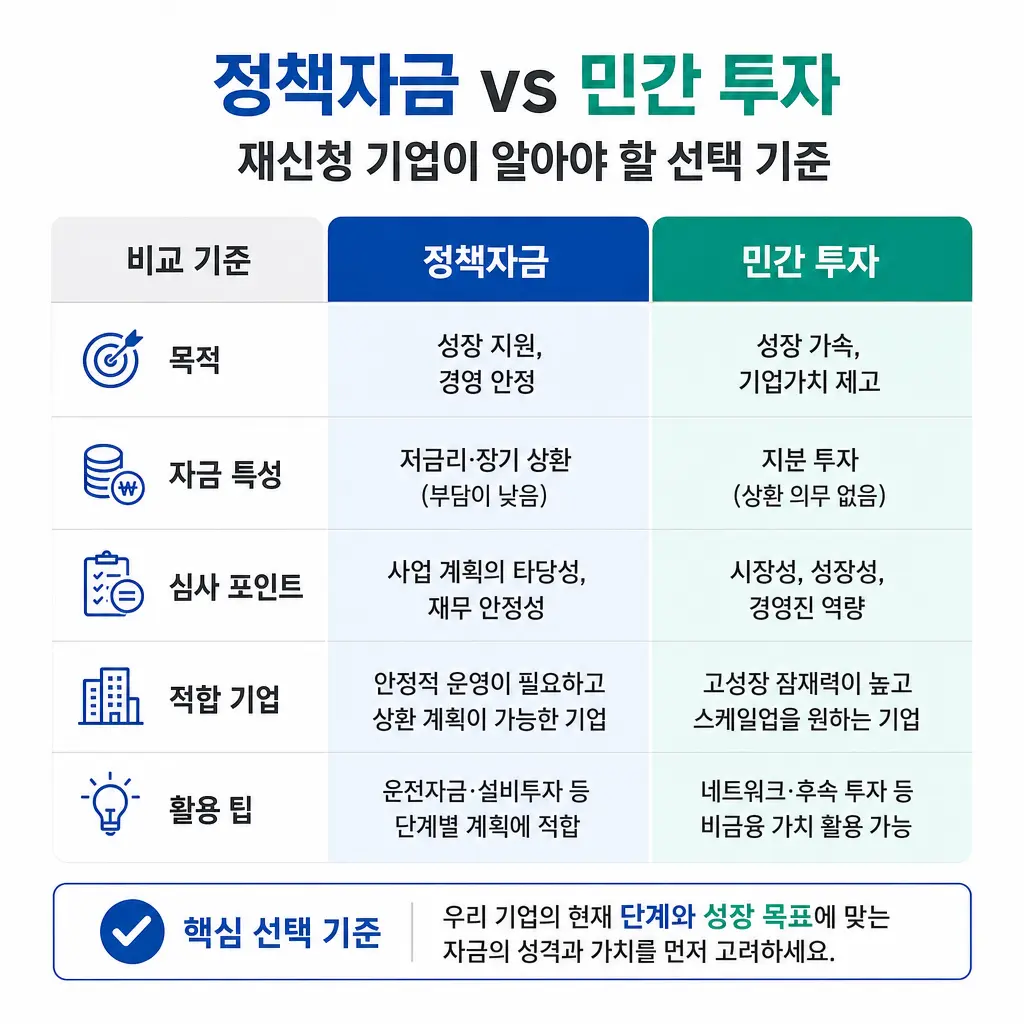 정책자금 vs 민간 투자, 재신청 기업이 알아야 할 선택 기준