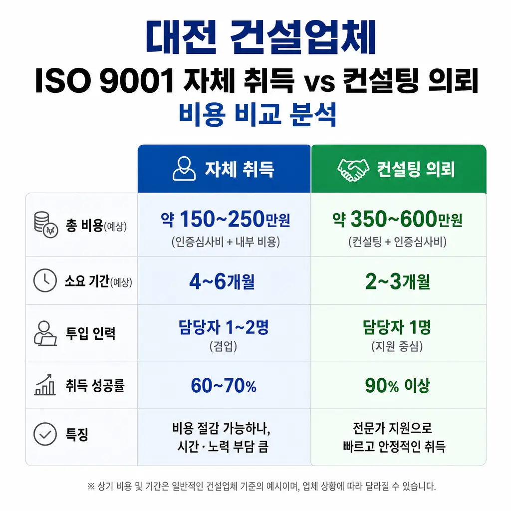 대전 건설업체, ISO 9001 자체 취득 vs 컨설팅 의뢰 비용 비교 분석