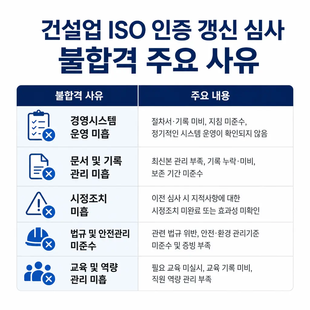 건설업 ISO 인증 갱신 심사, 불합격 사유는 뭘까?