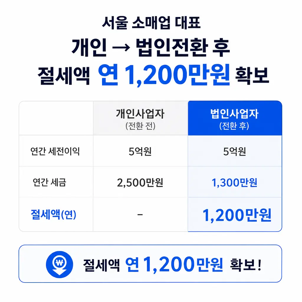 서울 소매업 대표, 개인→법인전환 후 절세액 연 1,200만원 확보한 사례