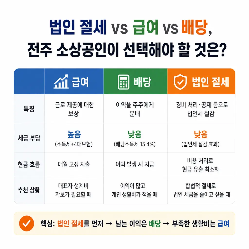 법인 절세 vs 급여 vs 배당, 전주 소상공인이 선택해야 할 것은