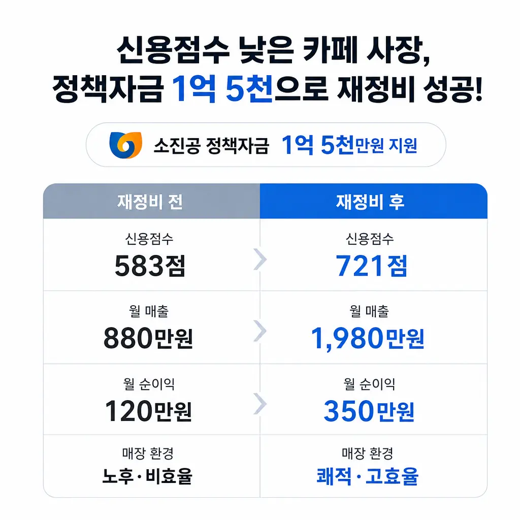 신용점수 낮은 카페 사장, 소진공 정책자금 1억 5천으로 재정비한 사례