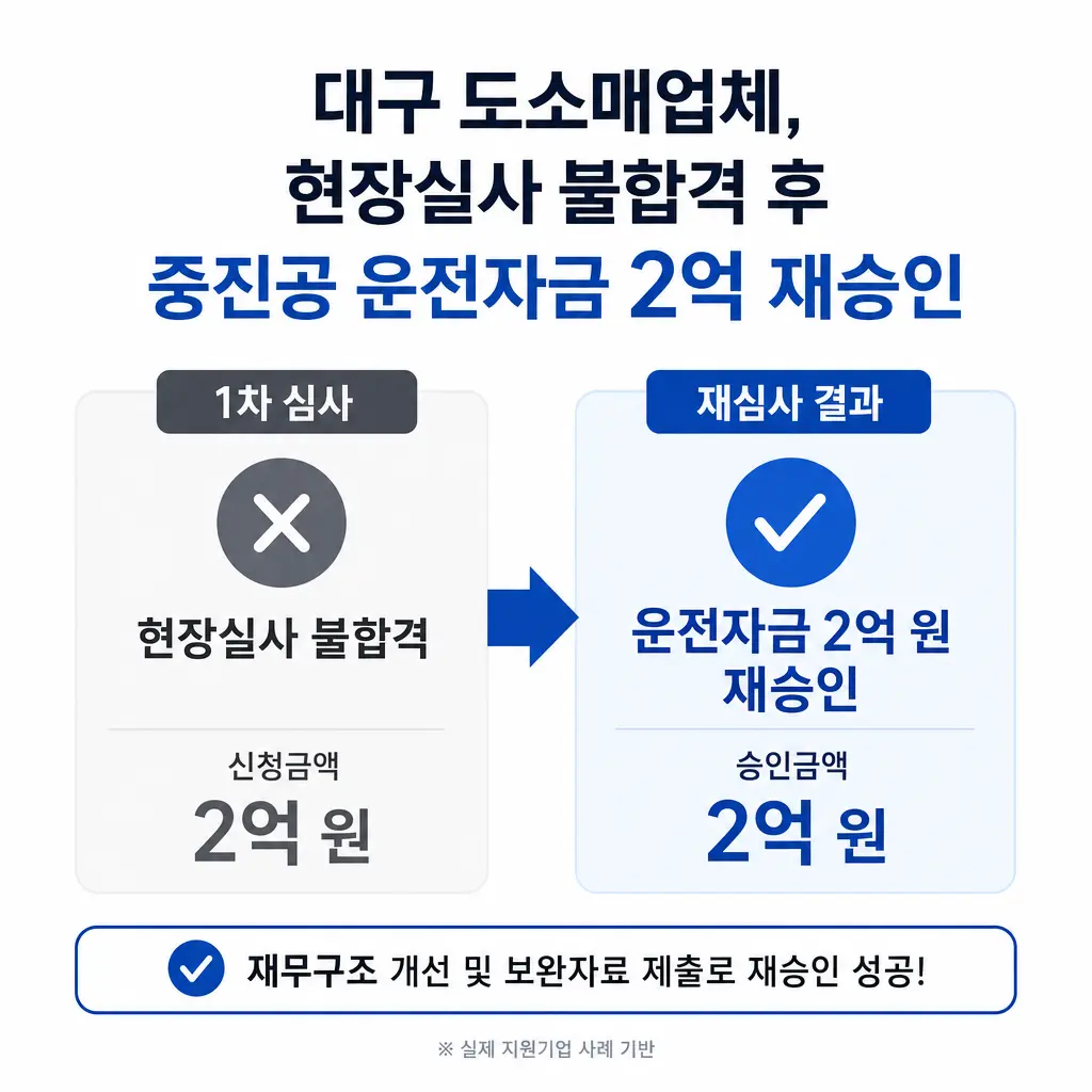 대구 도소매업체, 현장실사 불합격 후 중진공 운전자금 2억 재승인받은 사례