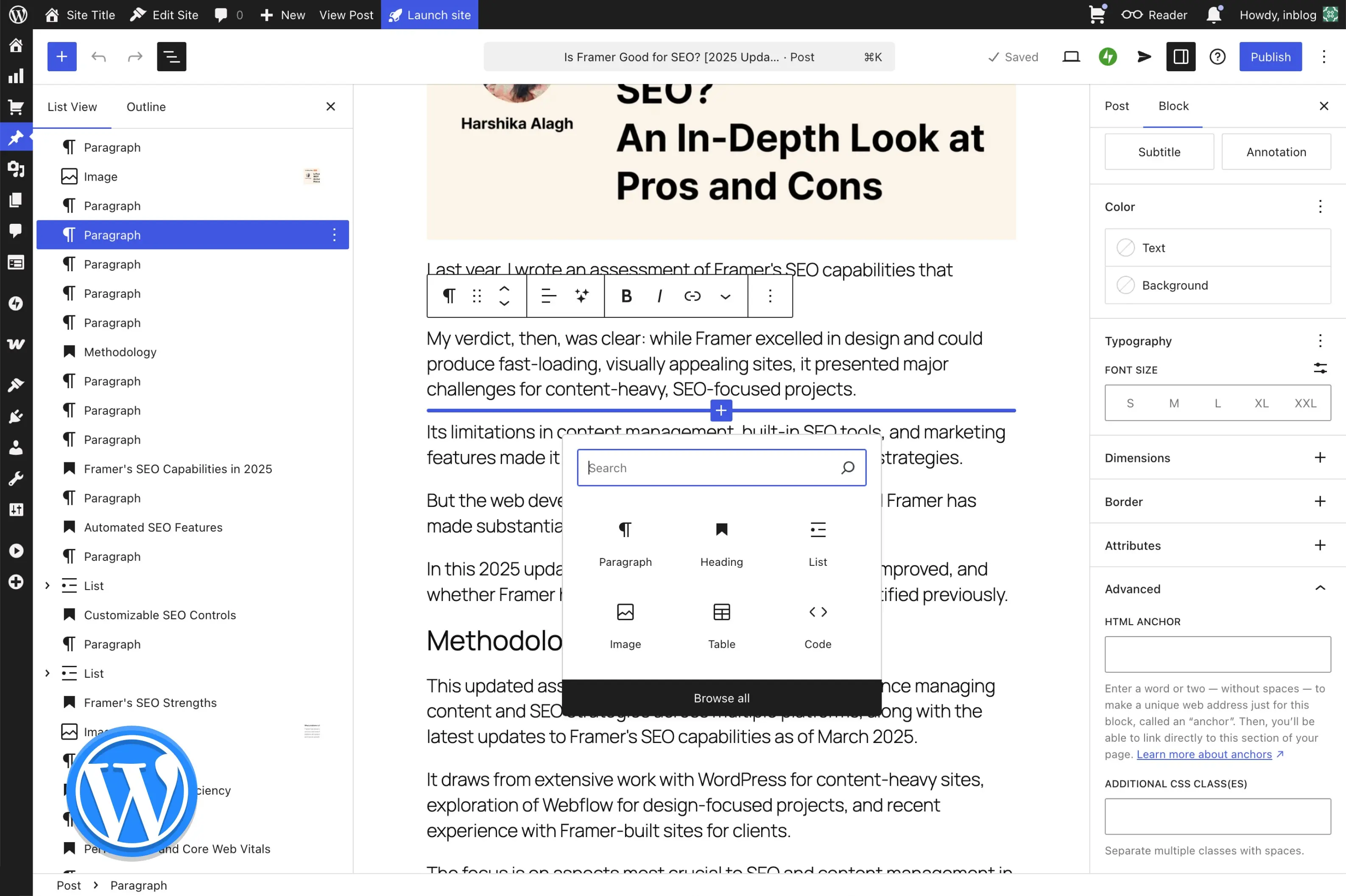 WordPress editor screen