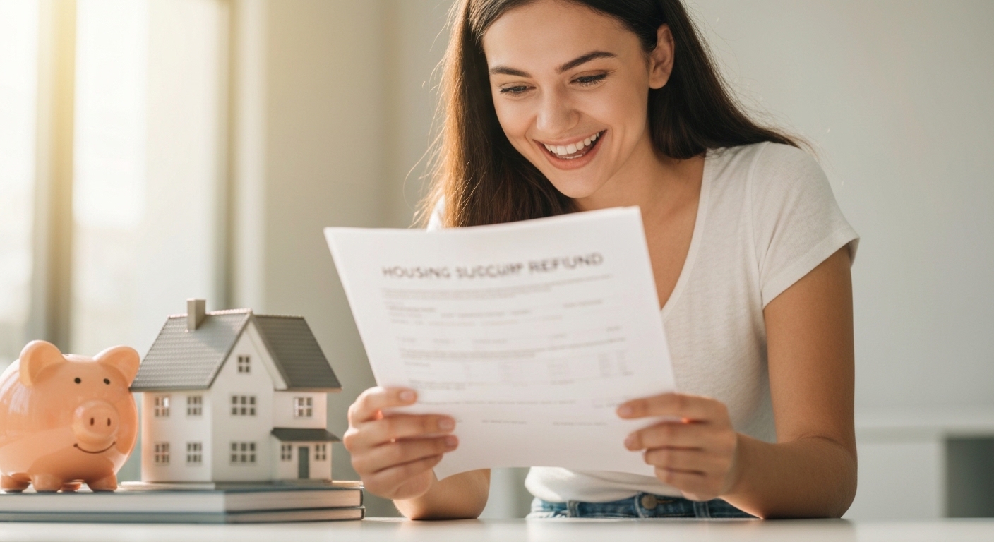 A person happily looking at a tax refund document with a piggy bank and a house model in the background, symbolizing housing subscription tax benefits.