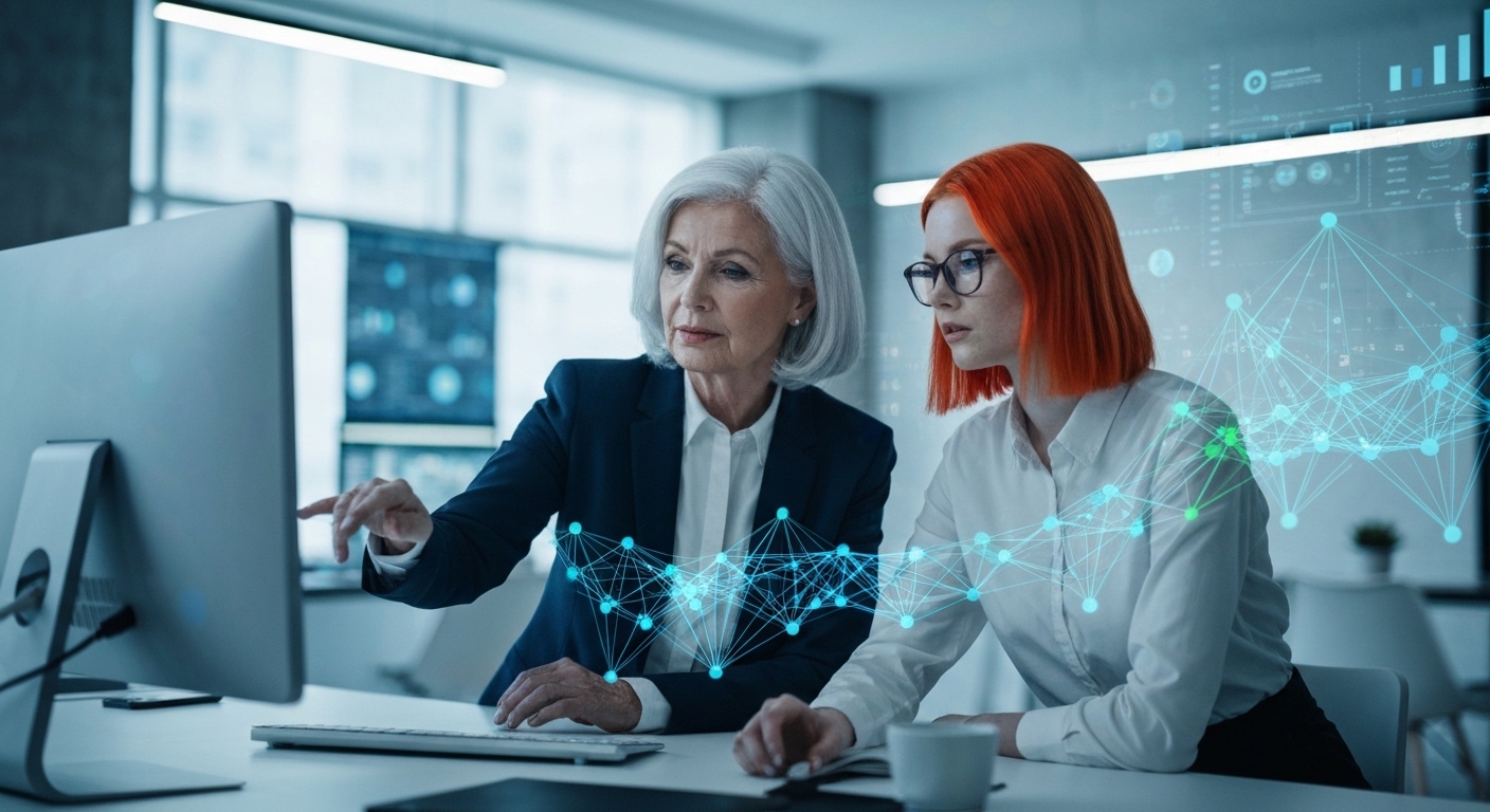 Modern, sleek B2B finance office setting with a CFO and a team member collaborating, overlaid with abstract AI network lines and data visualization, symbolizing the integration of human expertise and artificial intelligence.