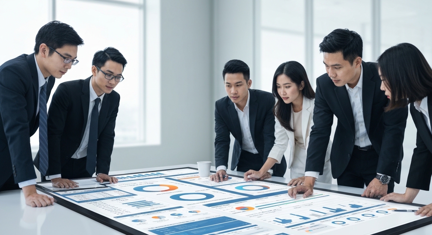 Modern B2B style image showing a diverse team of Asian finance professionals looking at a large, integrated digital dashboard displaying financial metrics and performance indicators, symbolizing enterprise performance management and strategic decision-making. The image should be clean, professional, and text-free.