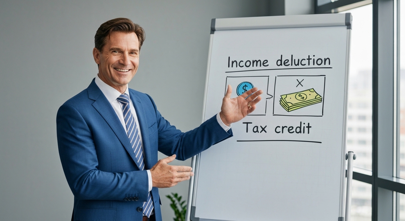 A friendly financial advisor explaining the difference between income deduction and tax credit using a whiteboard with simple icons representing money and tax cuts.