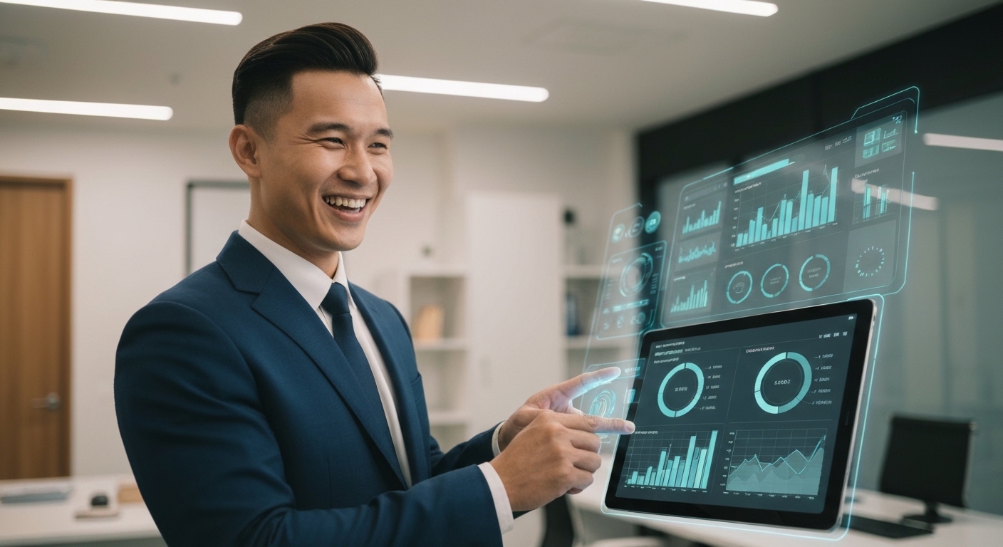 A professional Asian finance manager smiling in a modern, clean office, looking at a futuristic digital tablet showing automated financial charts. High-tech, clean aesthetic, no text on image.