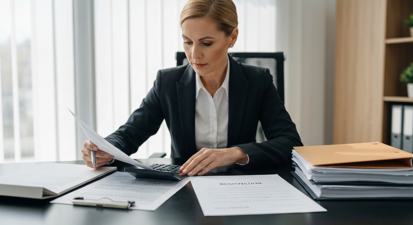A professional person looking at tax documents and a calculator, with a 'Resignation' letter on the desk, symbolizing a mid-year retiree preparing for tax settlement.