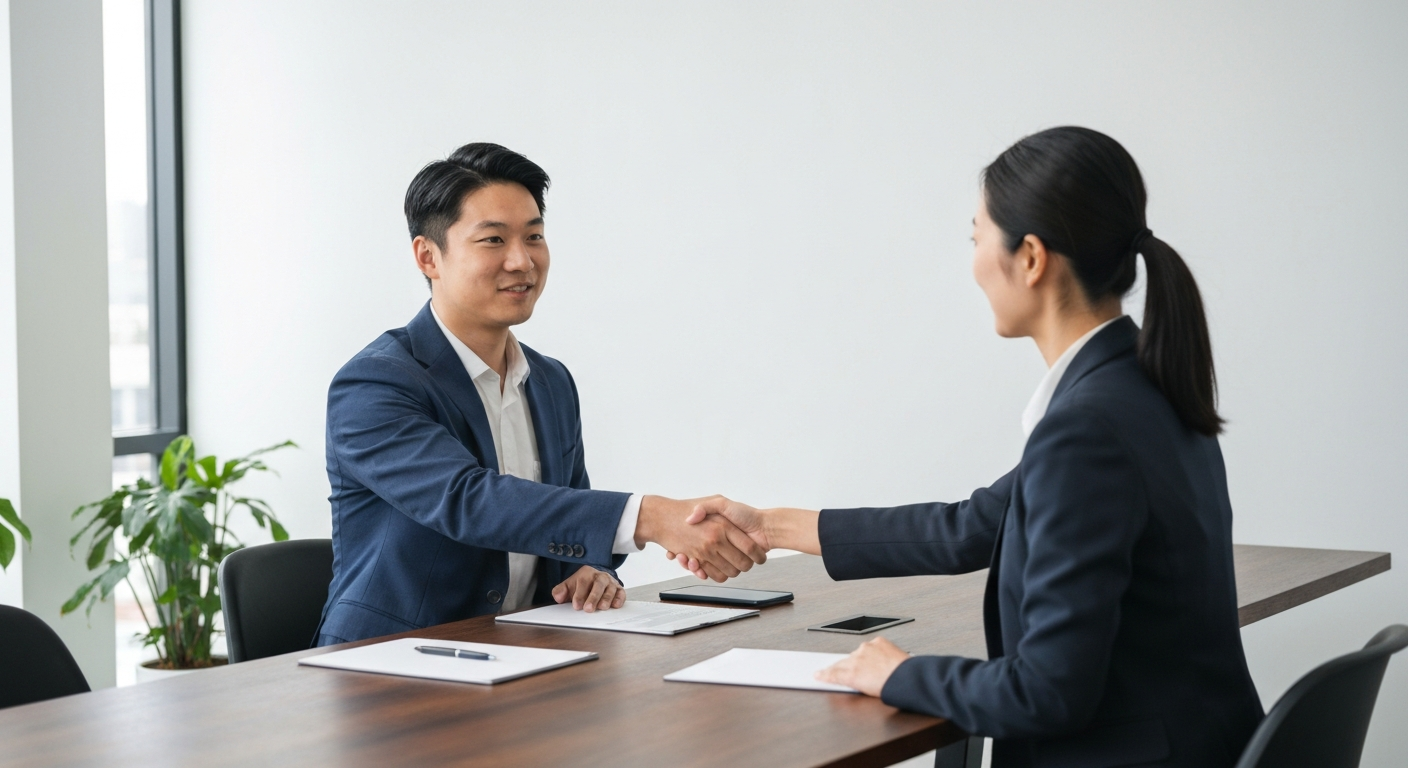 A modern, minimalist B2B setting. A confident Asian male founder in business casual attire is shaking hands firmly with a venture capitalist across a sleek conference table. The atmosphere is calm and professional, emphasizing trust and low heart rate. No visible text.