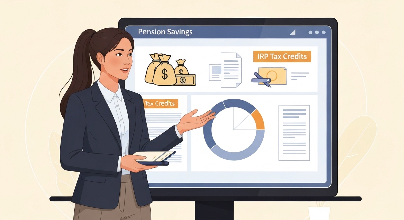 A professional tax accountant explaining financial charts about pension savings and IRP tax credits on a digital screen, with icons representing money bags and tax documents, clean and modern blog header style.