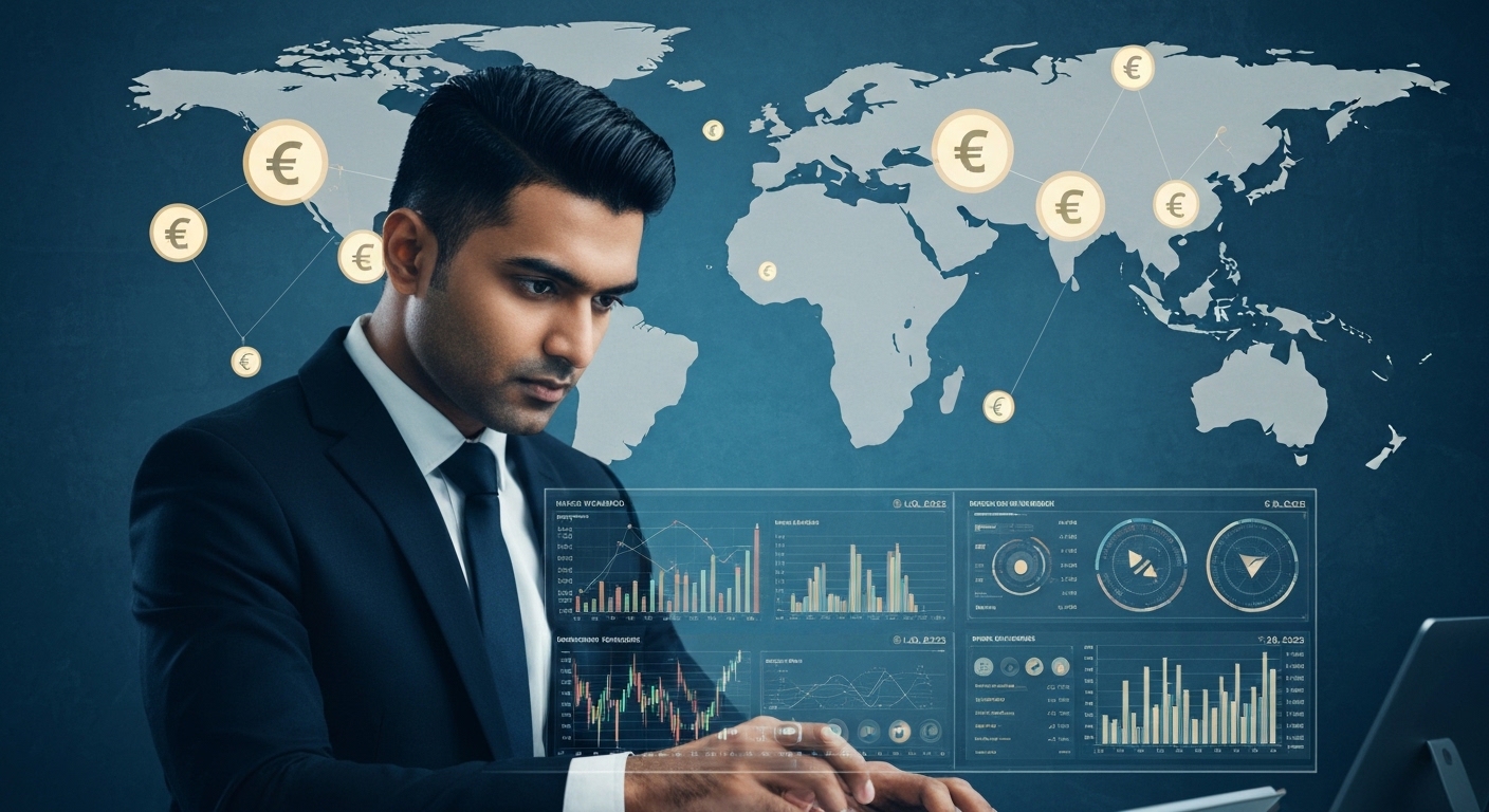 A modern, stylized image of a professional finance manager looking at a complex digital dashboard displaying global financial data, with a subtle background of a world map and currency symbols. The color palette is professional blue and gold.