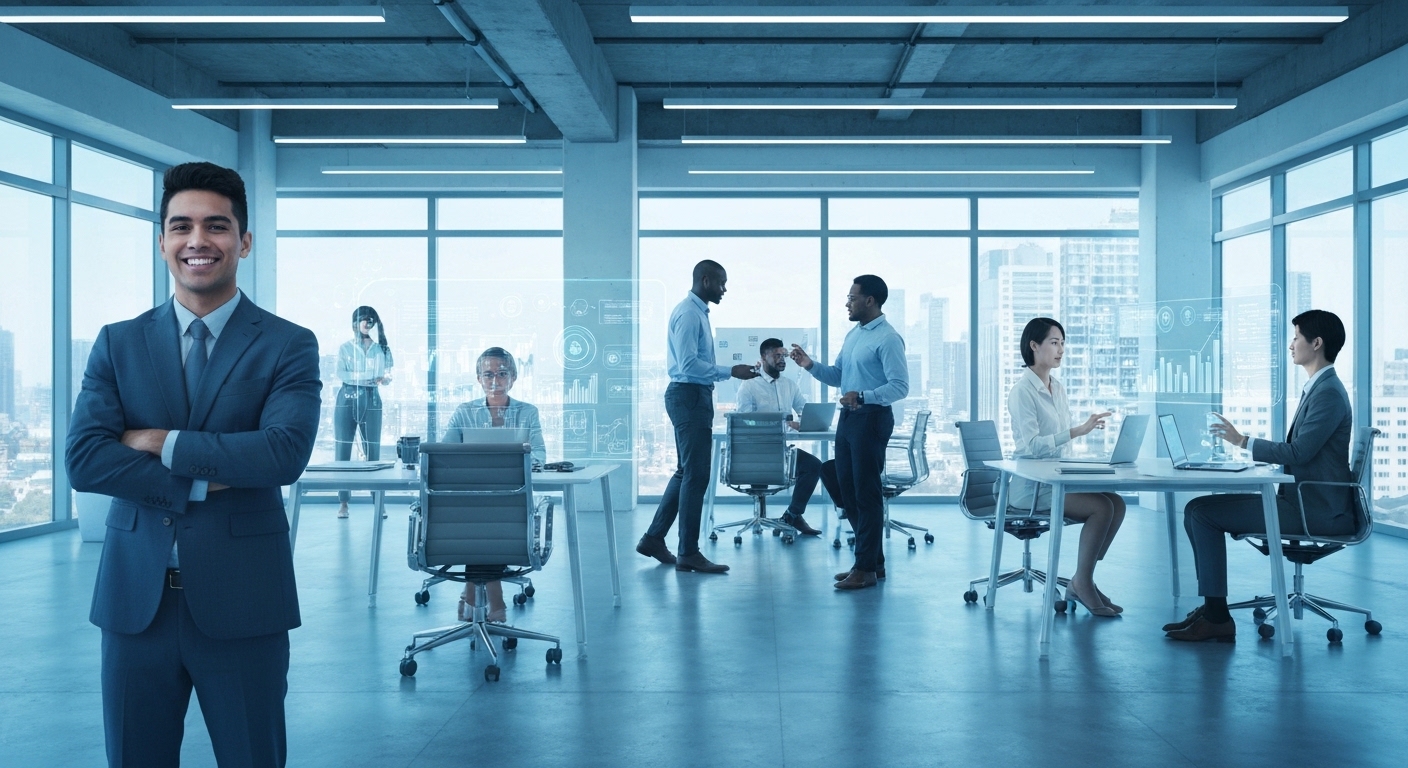 A futuristic office environment where diverse professionals (sales, marketing, HR) are collaborating with AI assistants and holographic data interfaces, symbolizing AI transformation across all business functions.