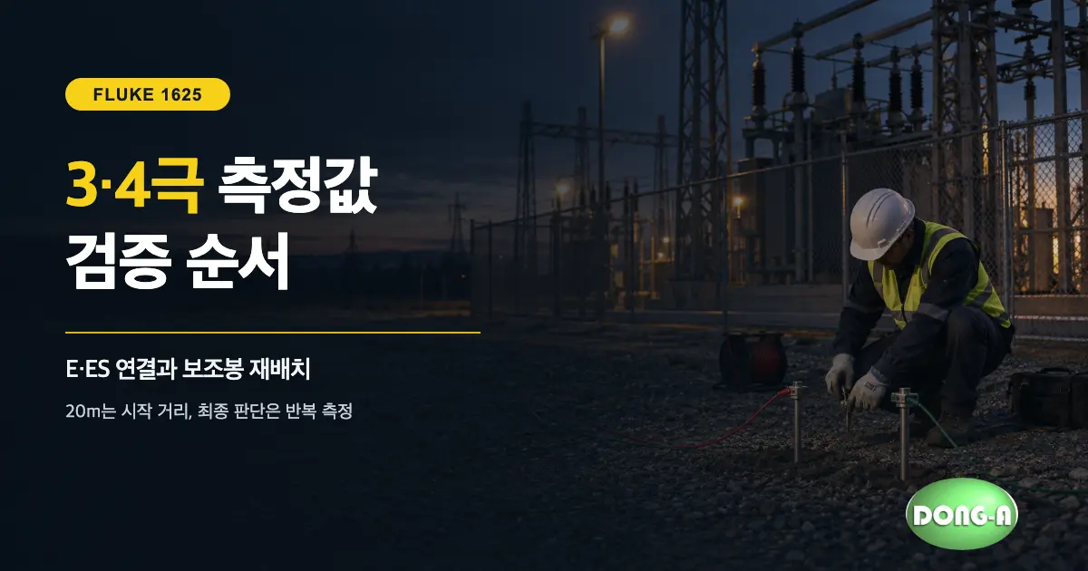 FLUKE 1625 접지저항 측정: 3극·4극 연결과 보조봉 검증 순서