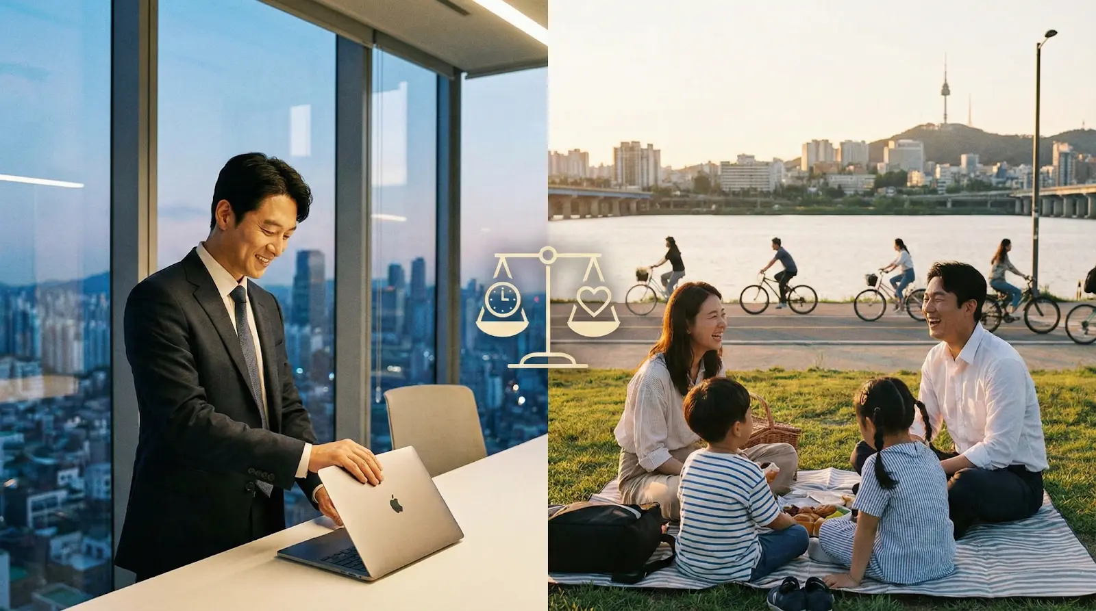 직장인이 퇴근을 앞두고 노트북을 닫고 있는 모습과 가족들과 한강에서 여유 시간을 즐기는 모습