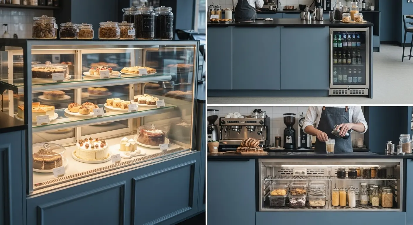 다양한 종류의 냉장고가 효율적으로 배치된 현대적인 카페 주방 및 디저트 진열 공간