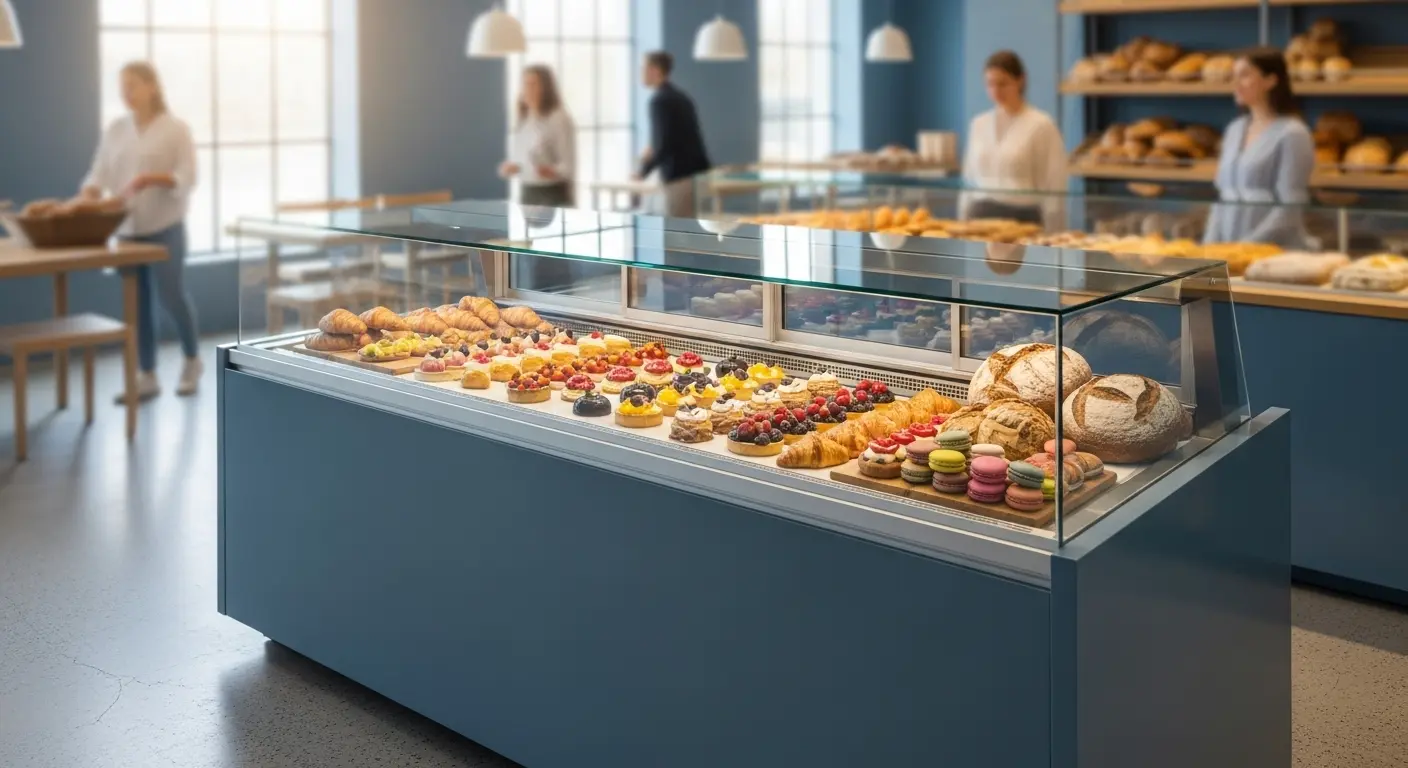 현대적인 베이커리 쇼케이스 냉장고에 신선한 케이크와 빵, 페이스트리가 아름답게 진열되어 있는 모습.