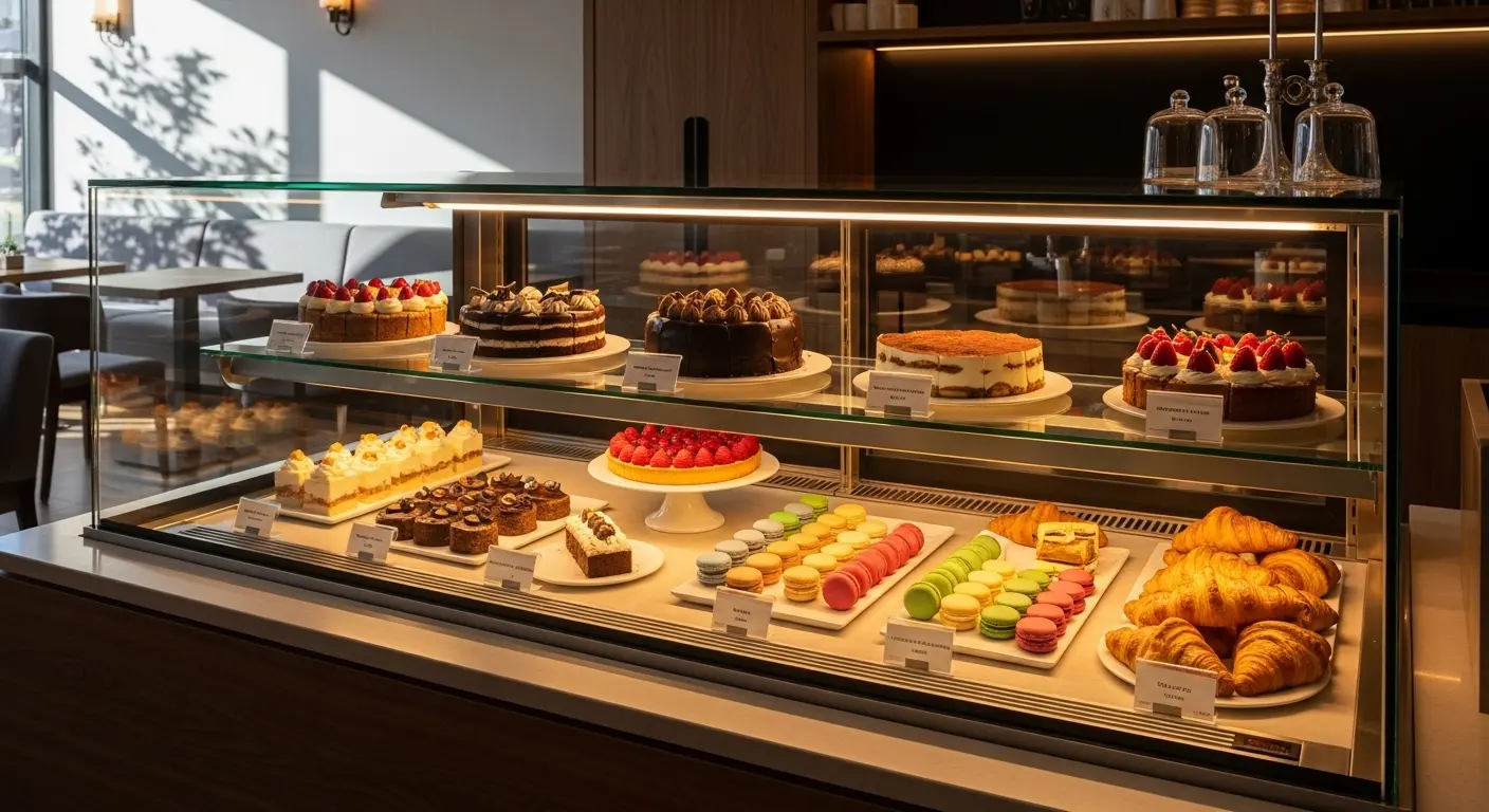 다양한 종류의 케이크와 디저트로 가득 채워진 현대적이고 세련된 제과 쇼케이스. 따뜻한 LED 조명이 디저트들을 비추며 먹음직스러움을 강조하고 있다.