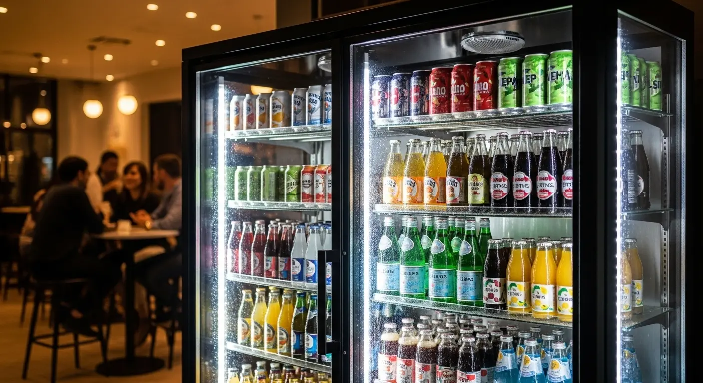 현대적인 디자인의 음료 쇼케이스 냉장고에 다채로운 음료들이 깔끔하게 진열되어 있어 고객의 시선을 끄는 모습.
