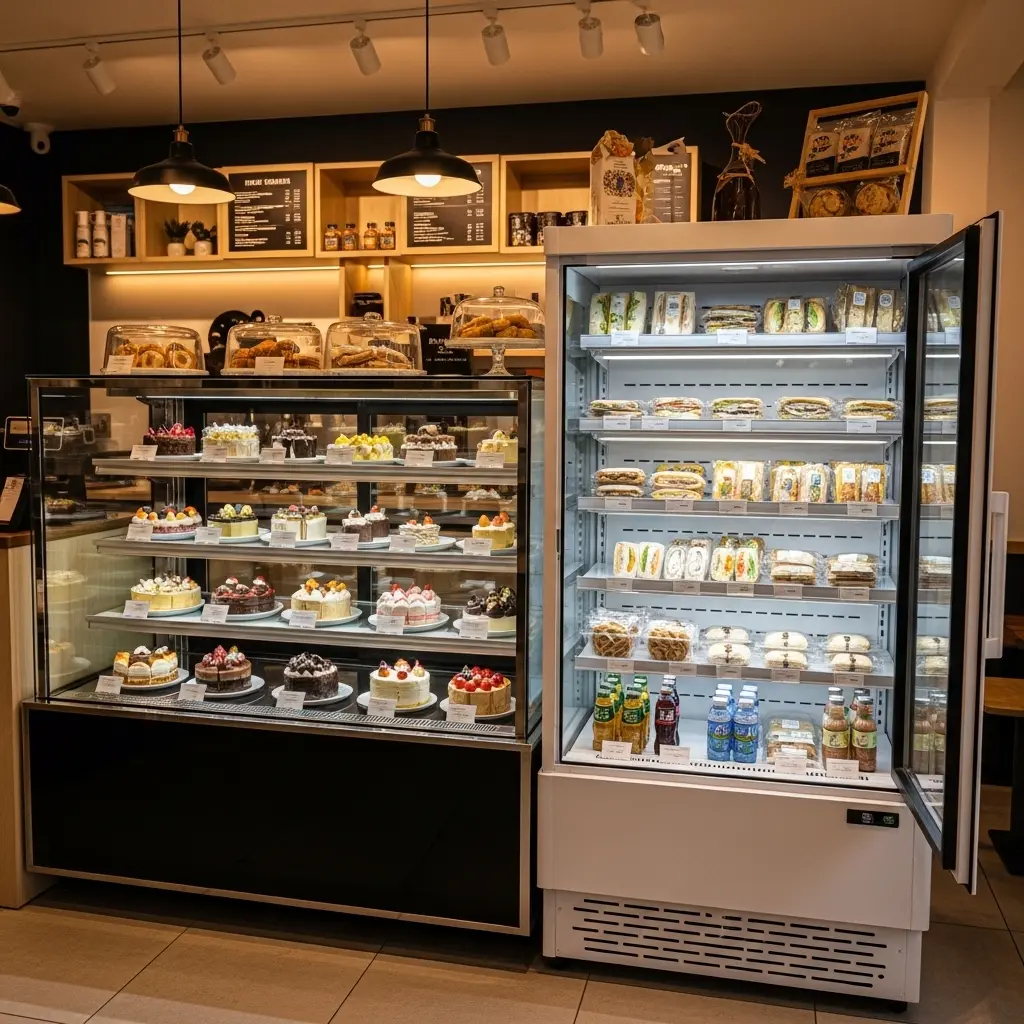 현대적인 디저트 가게 내부 전경. 고급스러운 유리형 디저트 진열 냉장고에 화려한 케이크와 페이스트리가 전시되어 있고, 옆에는 오픈형 냉장고에 샌드위치와 음료가 진열되어 있다. 아늑하고 전문적인 분위기.