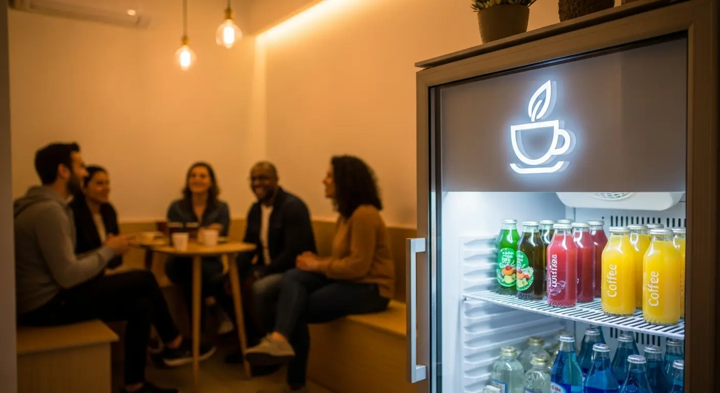 모던한 소규모 카페에 깔끔하게 진열된 음료가 보이는 가성비 브랜딩 냉장고