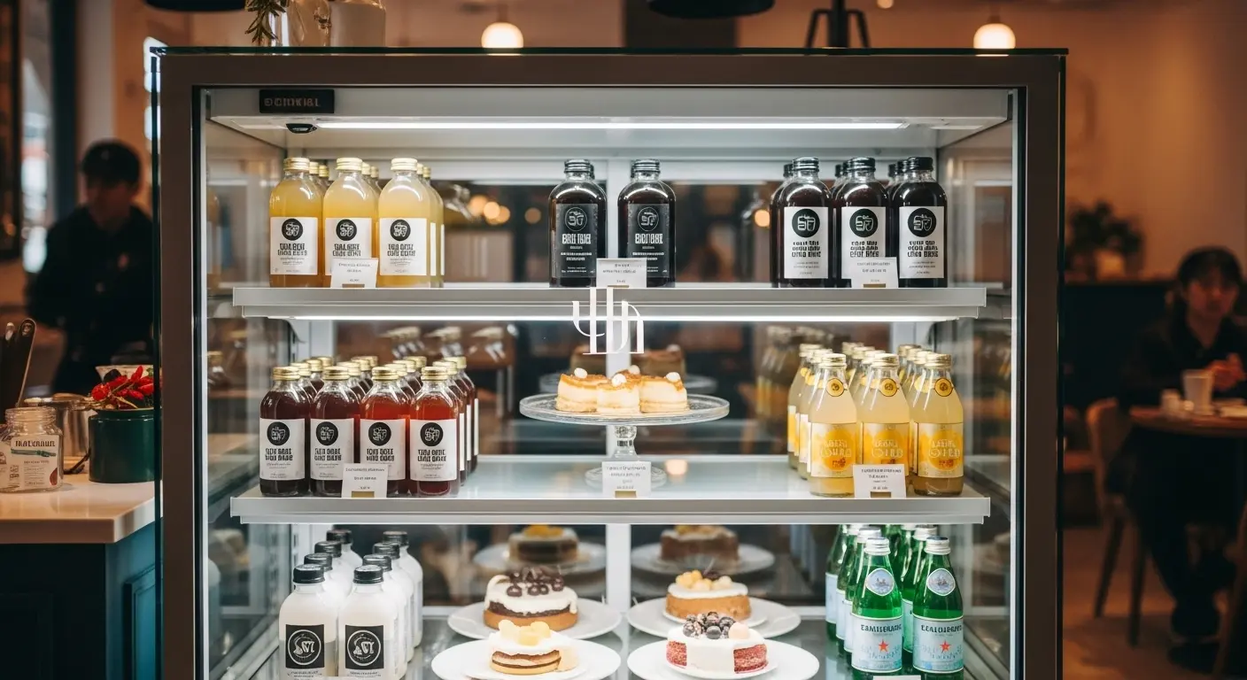 모던한 카페에 설치된 브랜딩 냉장고에 수제 콜드브루와 디저트가 감각적으로 진열되어 있는 모습