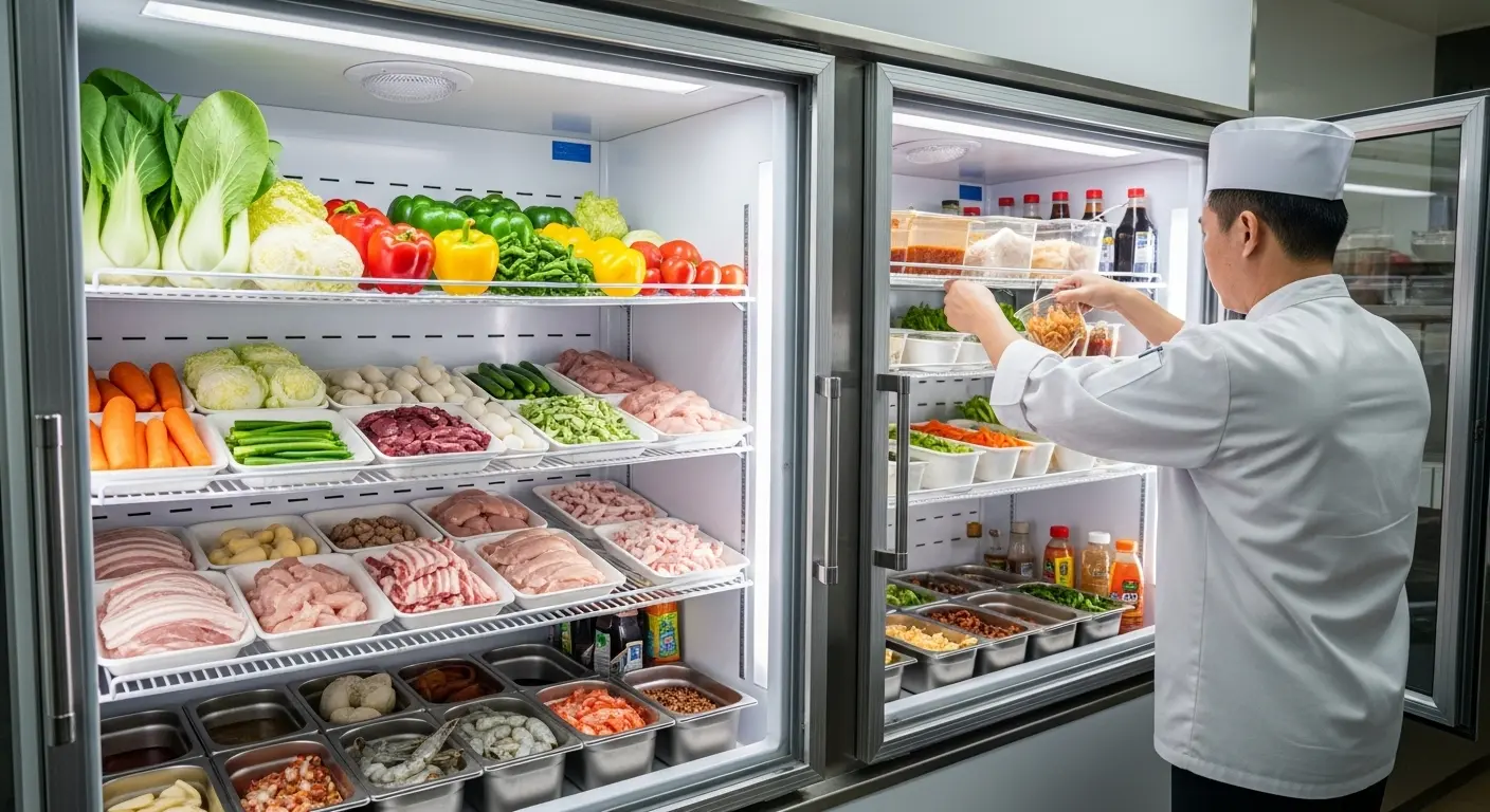 중식당 주방에서 위생적으로 관리되는 식자재로 가득 찬 깨끗한 산업용 냉장고