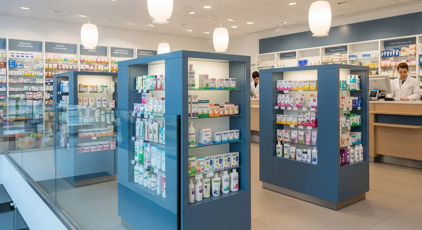 현대적인 약국 내부 전경과 깔끔하게 진열된 블루-그레이 쇼케이스, 효율적인 공간 활용을 보여주는 이미지.