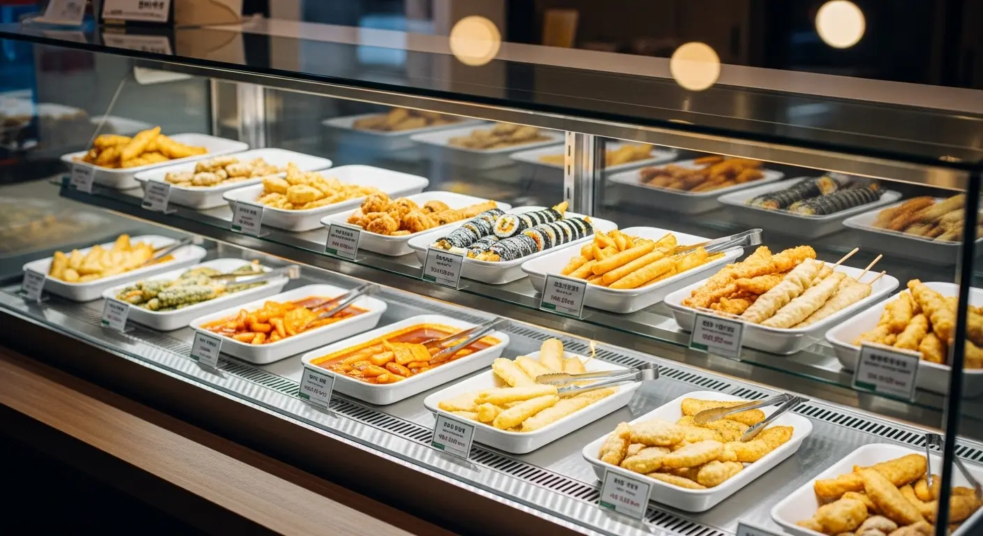 다양한 분식 메뉴가 깔끔하고 먹음직스럽게 진열된 현대적인 분식 쇼케이스 전경.