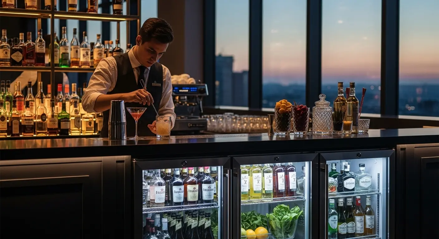 세련된 칵테일바의 내부, 신선한 재료와 술병이 보관된 모던한 디자인의 칵테일바 냉장고가 인테리어에 완벽하게 어우러져 있는 모습.