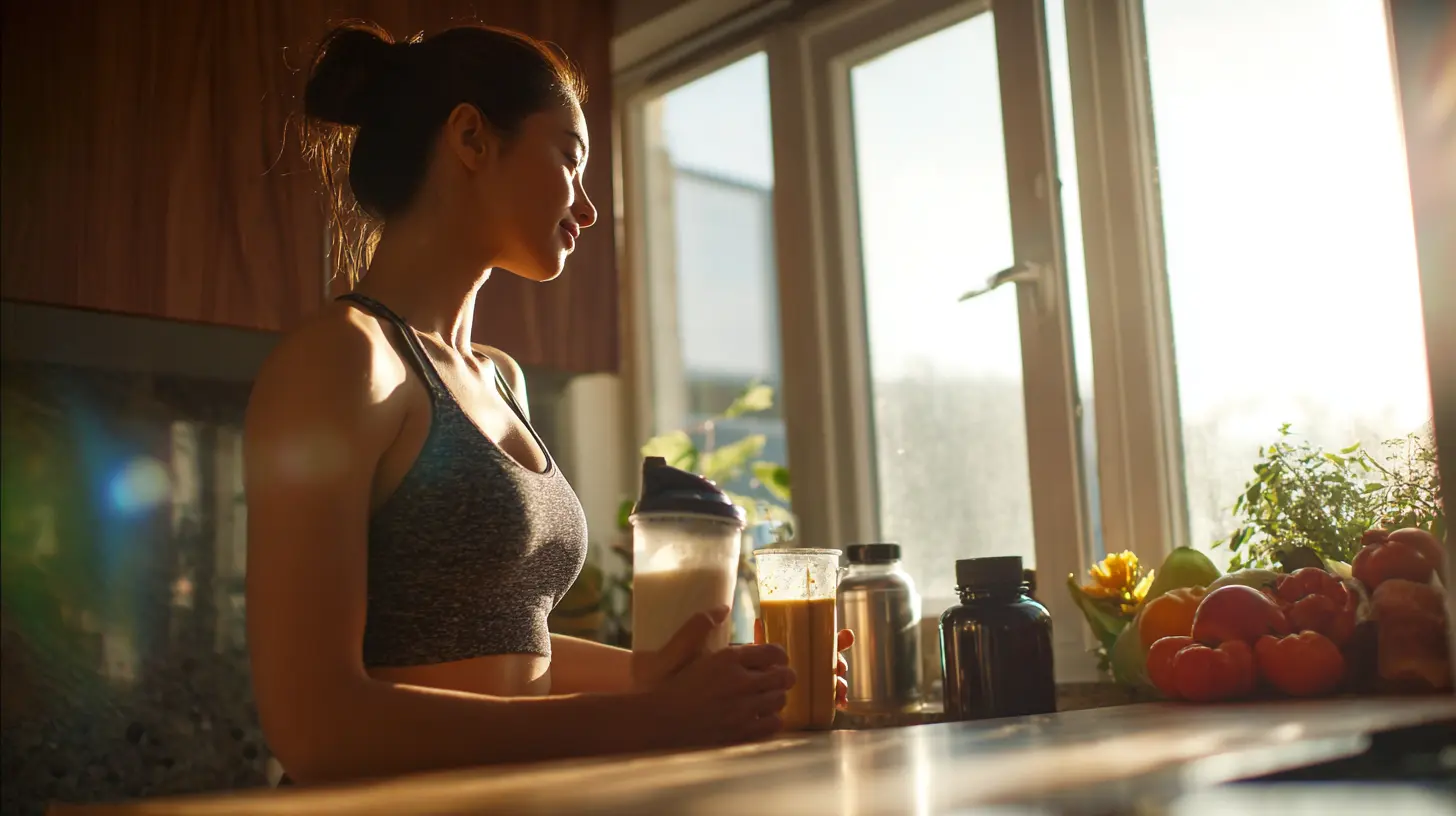 햇살을 맞으며 단백질 보충제를 음용