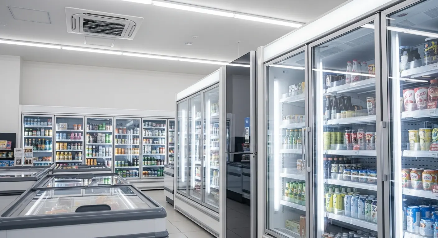 밝고 현대적인 편의점 내부, 고효율 냉장고 쇼케이스와 시스템 에어컨이 설치되어 전기세를 절감하는 모습.