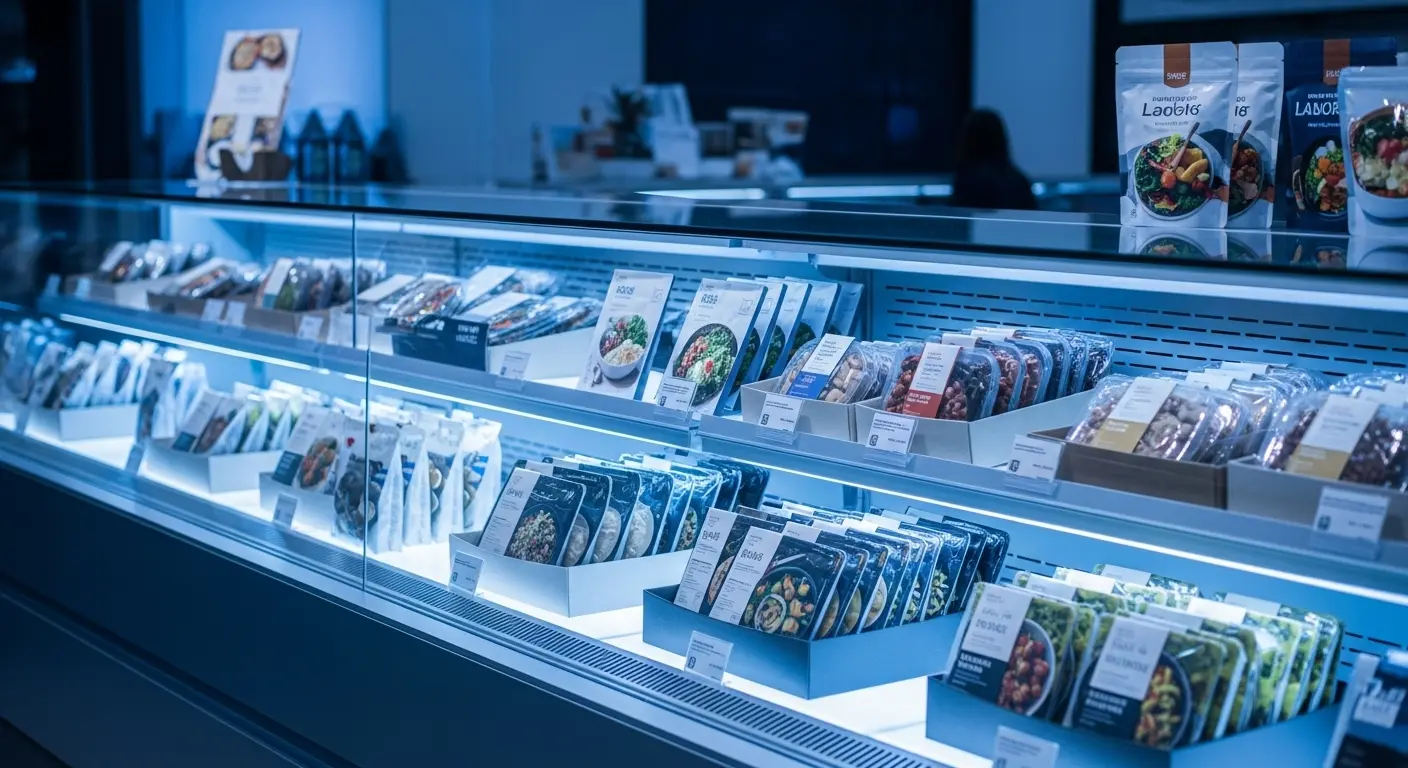 신선하고 다채로운 밀키트가 진열된 현대적인 쇼케이스 전경, 밀키트 전문점 성공을 위한 전략을 암시.