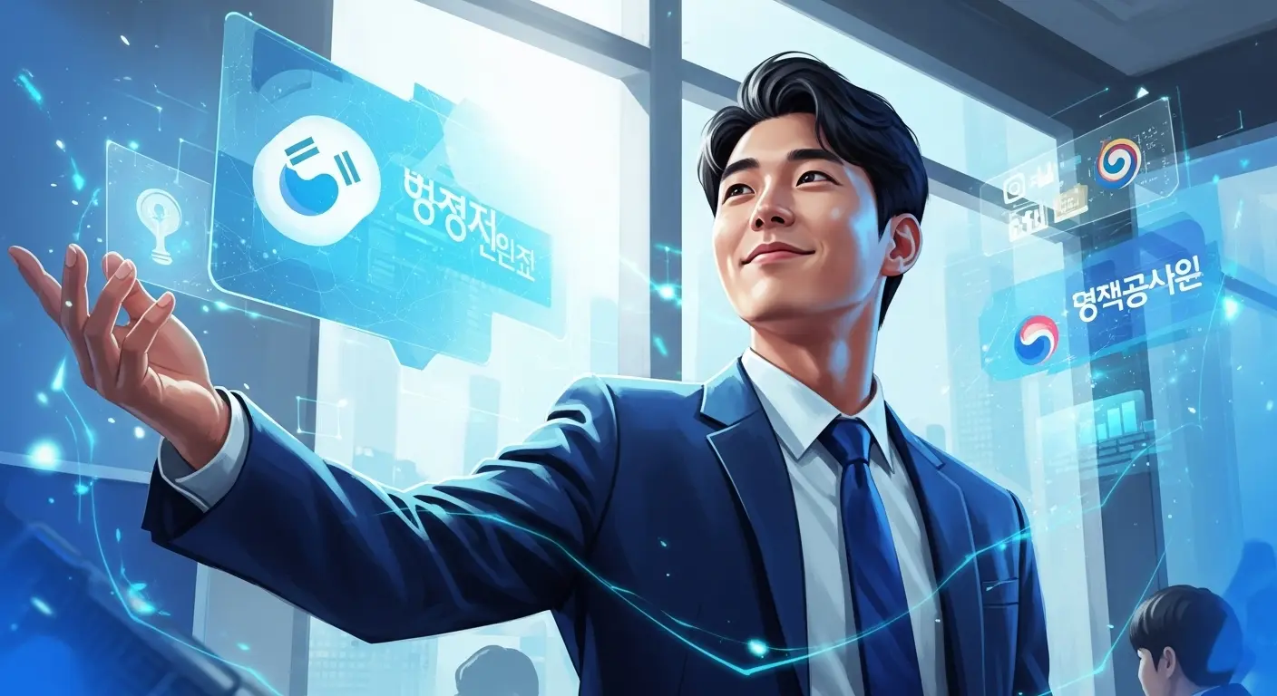 혁신적인 아이디어를 품은 한국 청년 창업가가 노트북 앞에서 자신감 있게 미래를 바라보는 모습. 정부 지원을 상징하는 요소들이 배경에 어우러져 희망찬 창업 생태계를 보여준다.