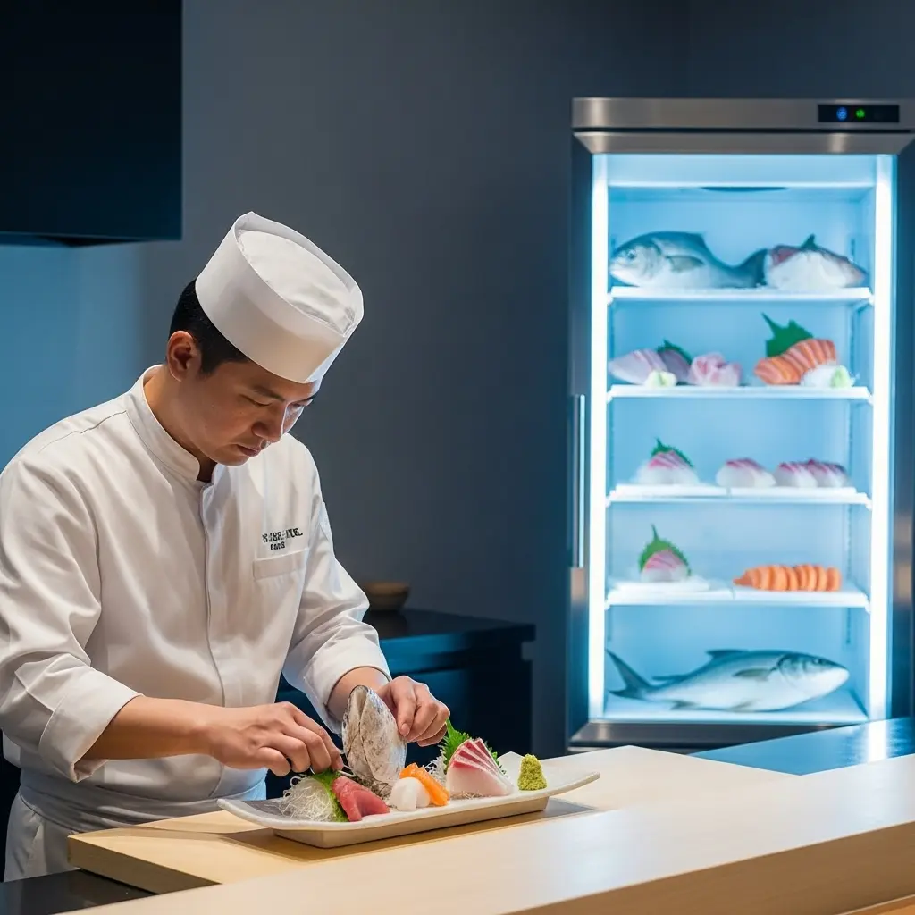 현대적인 숙성회 전문점에서 숙성고 속 신선한 회를 배경으로 숙련된 셰프가 숙성회를 준비하는 모습.