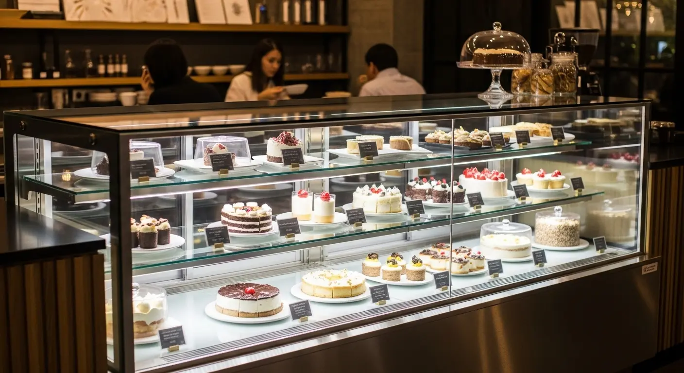 세련된 카페 인테리어에 놓인 고급 업소용 쇼케이스, 먹음직스러운 케이크와 베이커리 제품들이 아름답게 진열되어 고객들의 시선을 사로잡는 모습.