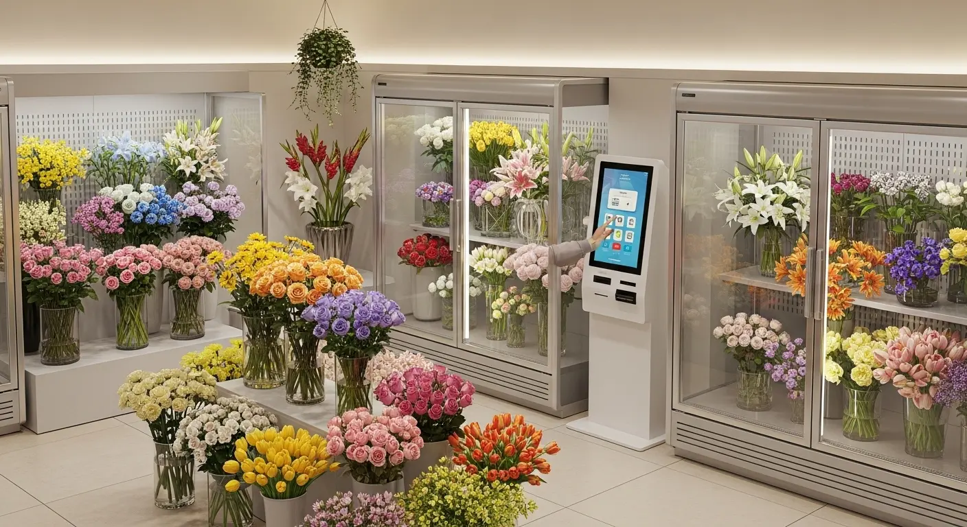 싱싱한 꽃들이 가득 진열된 현대적이고 깔끔한 무인 꽃집 내부, 키오스크 앞에서 결제하는 고객의 모습