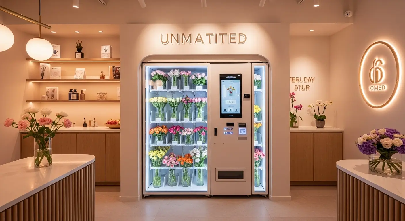 세련된 디자인의 꽃 자판기와 신선한 꽃들이 진열된 무인 꽃집 내부 전경. 현대적인 인테리어와 따뜻한 조명이 어우러져 방문객을 맞이하는 모습