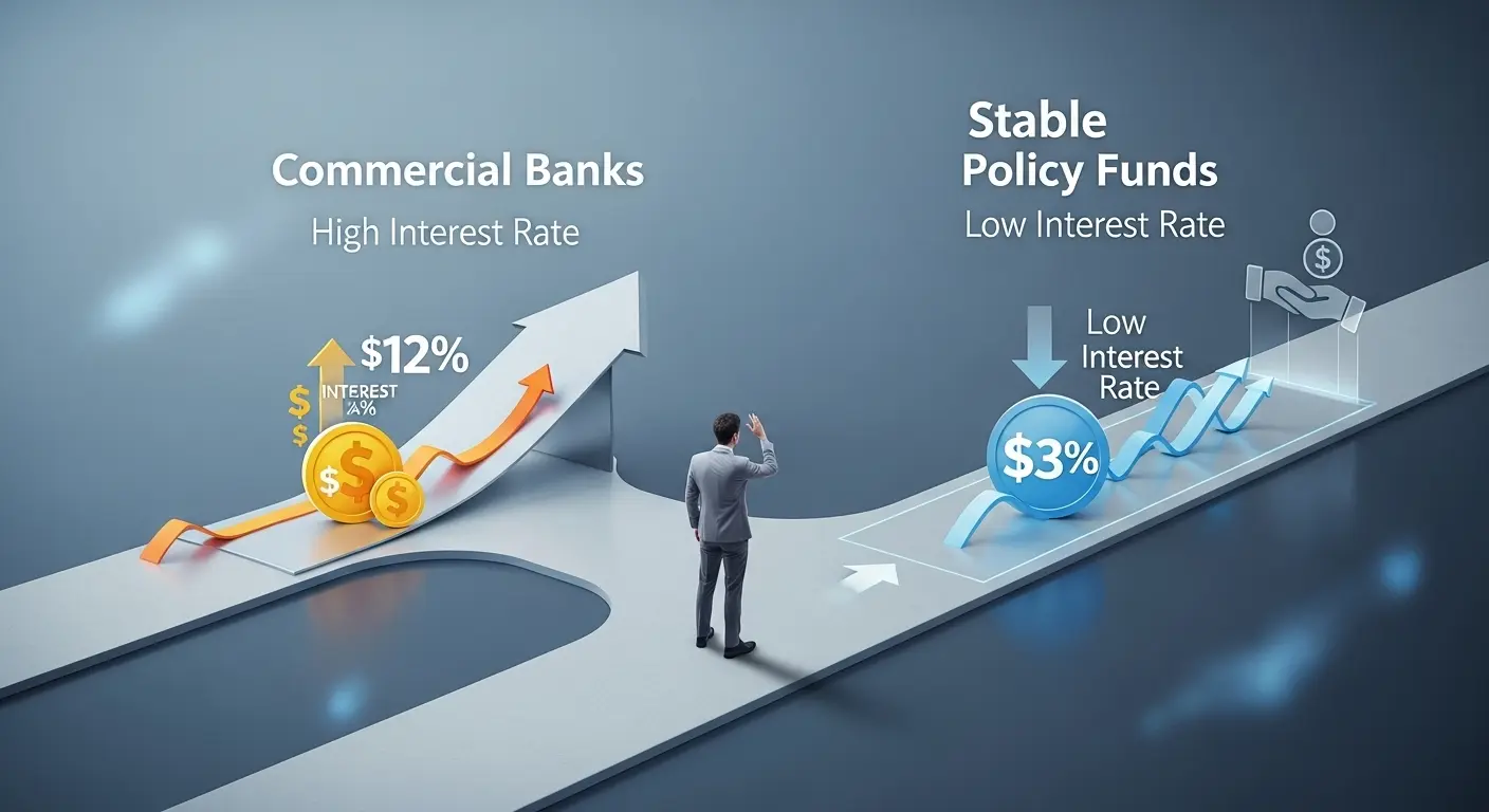 소상공인 사업자가 시중은행 대출과 정책자금 대출 사이에서 고민하는 모습. 낮은 금리를 상징하는 파란색 길과 빠른 심사를 상징하는 회색 길이 교차하는 지점에서 현명한 선택을 해야 하는 상황을 묘사합니다.