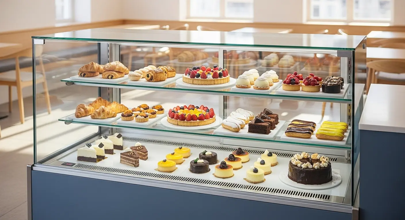 모던한 카페에 설치된 900mm 냉장 쇼케이스 내부의 다채로운 베이커리와 케이크
