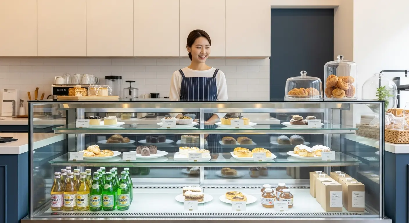 깨끗하게 관리된 900mm 중고 냉장 쇼케이스에 신선한 디저트와 음료가 진열된 현대적인 카페 내부. 만족스러운 표정의 사업주가 쇼케이스 뒤에 서 있다.