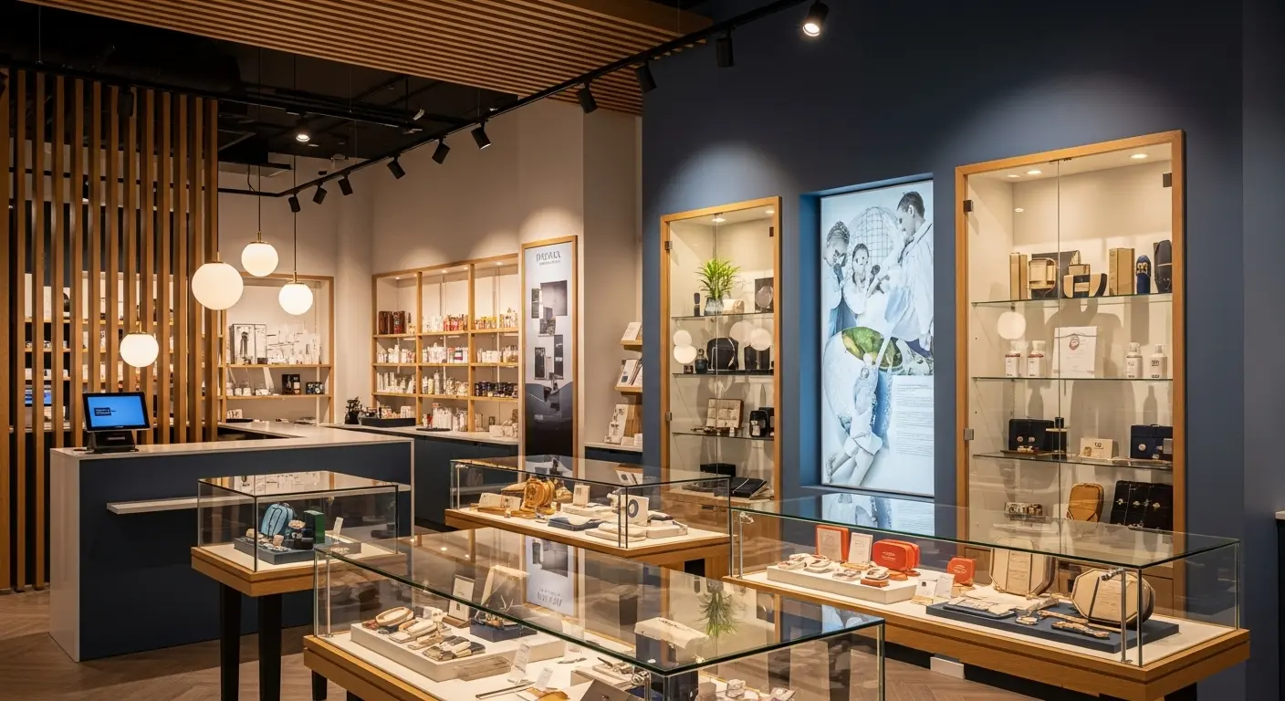 모던하고 세련된 매장 내부, 따뜻한 조명과 깔끔한 진열대가 조화를 이루어 고객을 유혹하는 모습