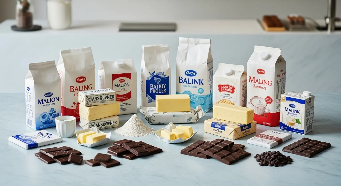 다양한 베이킹 재료들이 블루-그레이 톤 테이블에 정갈하게 놓여있는 모습. 밀가루, 버터, 생크림, 초콜릿 등 고급 디저트 창업을 위한 핵심 재료들이 강조되어 있습니다.