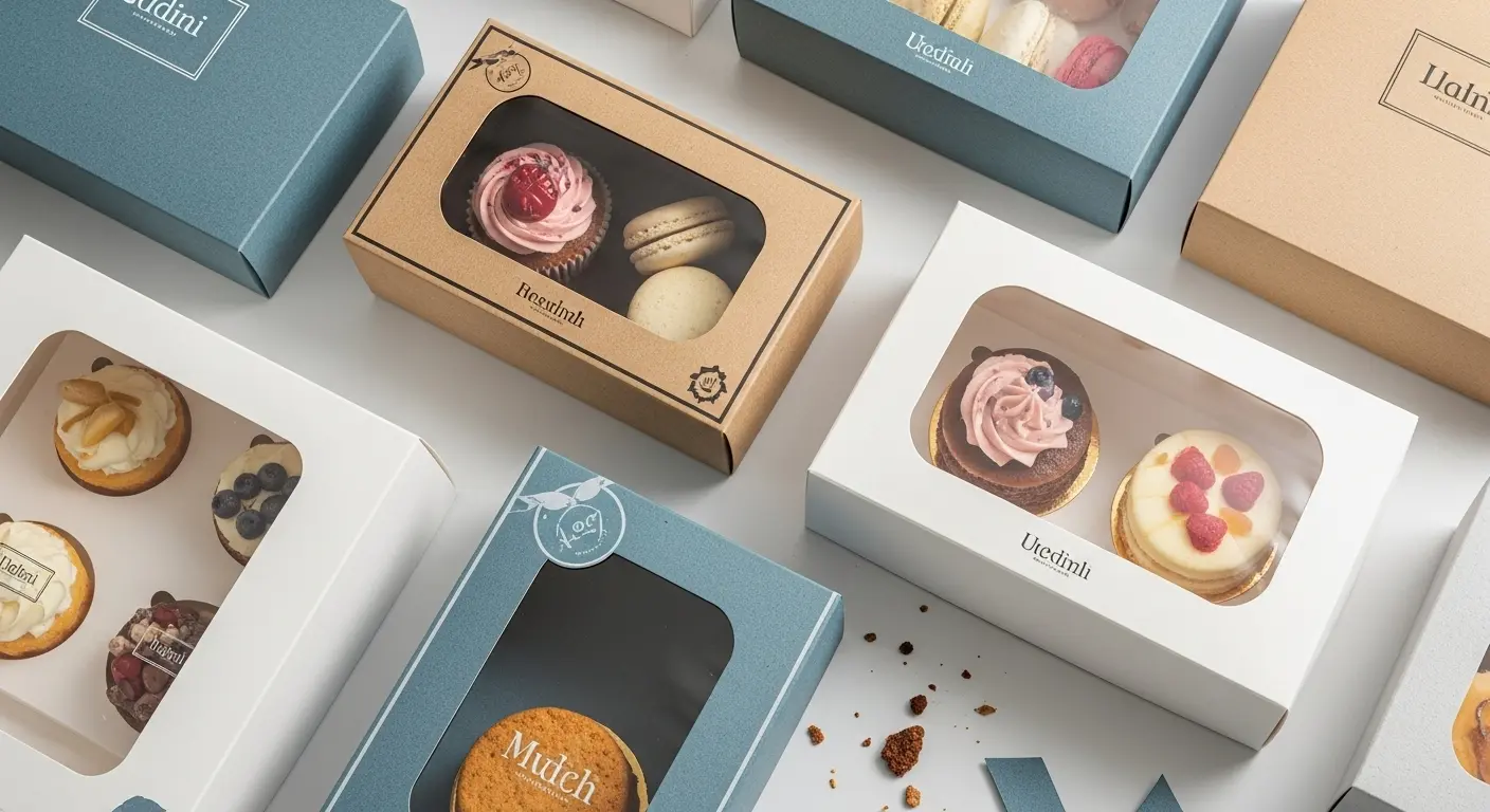 다양한 종류의 세련된 디저트 배달 포장 박스들이 깔끔한 배경에 놓여 있습니다. 컵케이크, 마카롱, 미니 케이크 등 디저트가 보이는 창문형 박스와 친환경 종이 박스들이 블루-그레이 톤으로 정돈되어 있습니다. 온라인 디저트 창업을 위한 포장 솔루션을 보여주는 이미지입니다.