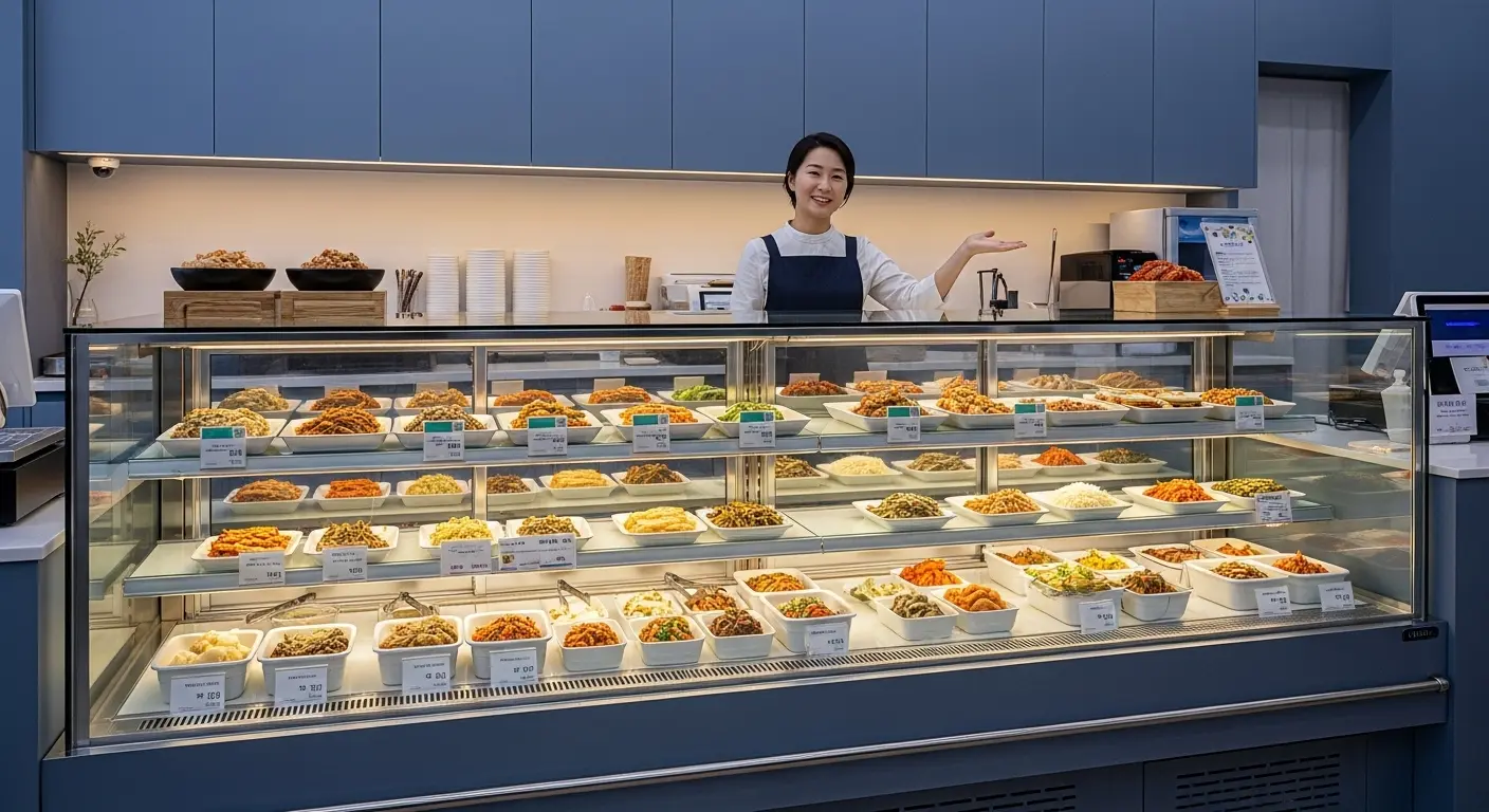 깔끔하고 세련된 반찬 온장고에 신선하고 따뜻한 반찬들이 먹음직스럽게 진열되어 있는 모습. 반찬 가게 주인이 온장고를 가리키며 손님을 맞이하는 장면.