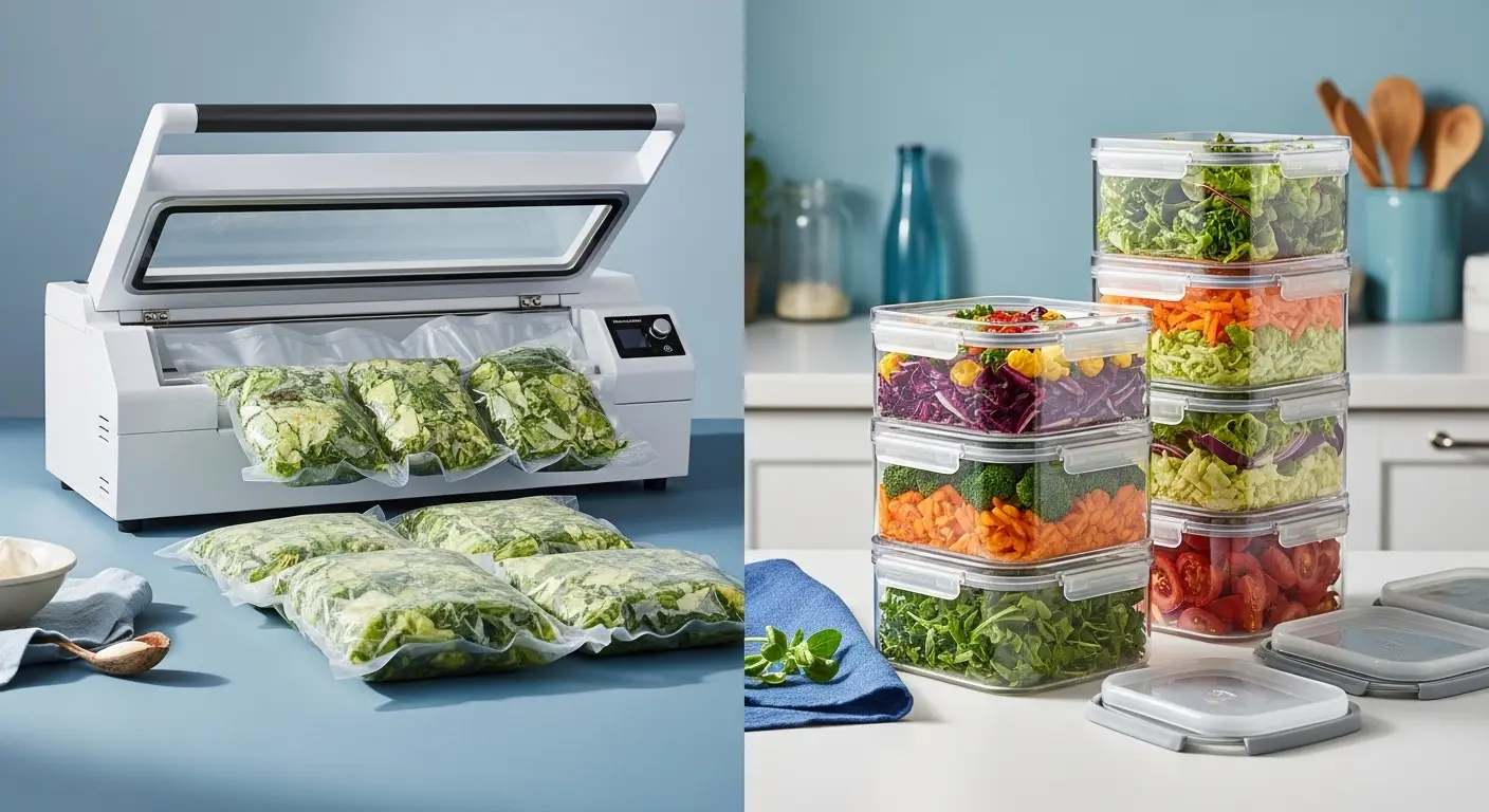 전문 샐러드 사업장에서 진공포장된 샐러드와 스마트 밀폐용기에 담긴 신선한 샐러드가 대비되어 보이는 모습