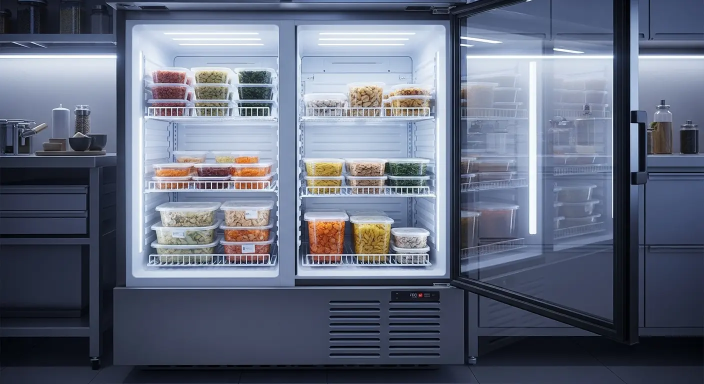 밀키트 재료가 신선하게 보관된 투명 문 상업용 냉동고의 내부 모습