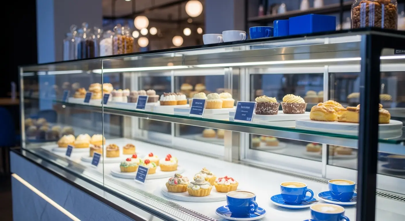 세련된 유리와 금속으로 디자인된 현대적인 쇼케이스에 먹음직스러운 베이커리 제품과 커피가 진열된 모습. 매장의 고급스러운 분위기를 연출하는 주력 쇼케이스.